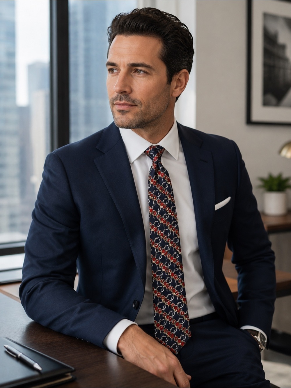 Savile Row Italian Silk Tie Red Blue Chain Print | Luxury Men’s Designer Necktie